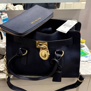 Michael Kors Dark Blue Satchel with Gold Accents with Wallet